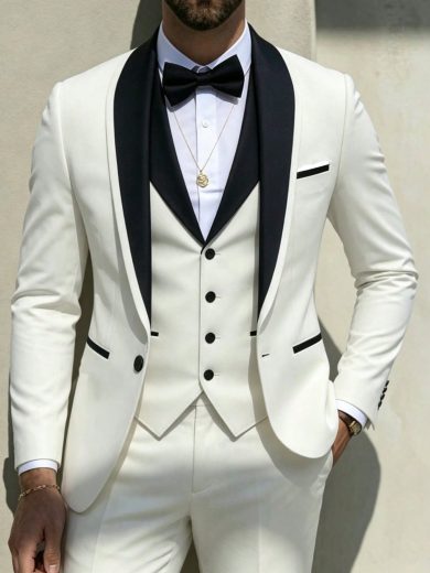 SuitGent 3 Pieces Men's High-Quality Business Suit, Color Block Groom Wedding Attire, Slim Fit Casual Suit Jacket And Trousers Set, Spring Tuxedo Suit