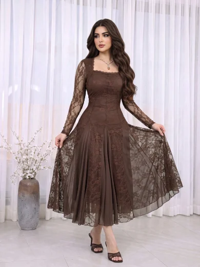Feyla Brown Lace Dress For Women Elegant Party Wear Square Neck Long Sleeve Evening Gown
