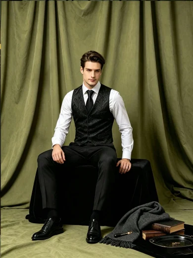 Men's Black Paisley Pattern Vest & Tie, Wedding Tuxedo Waistcoat Jacket, Formal Casual Groom Style