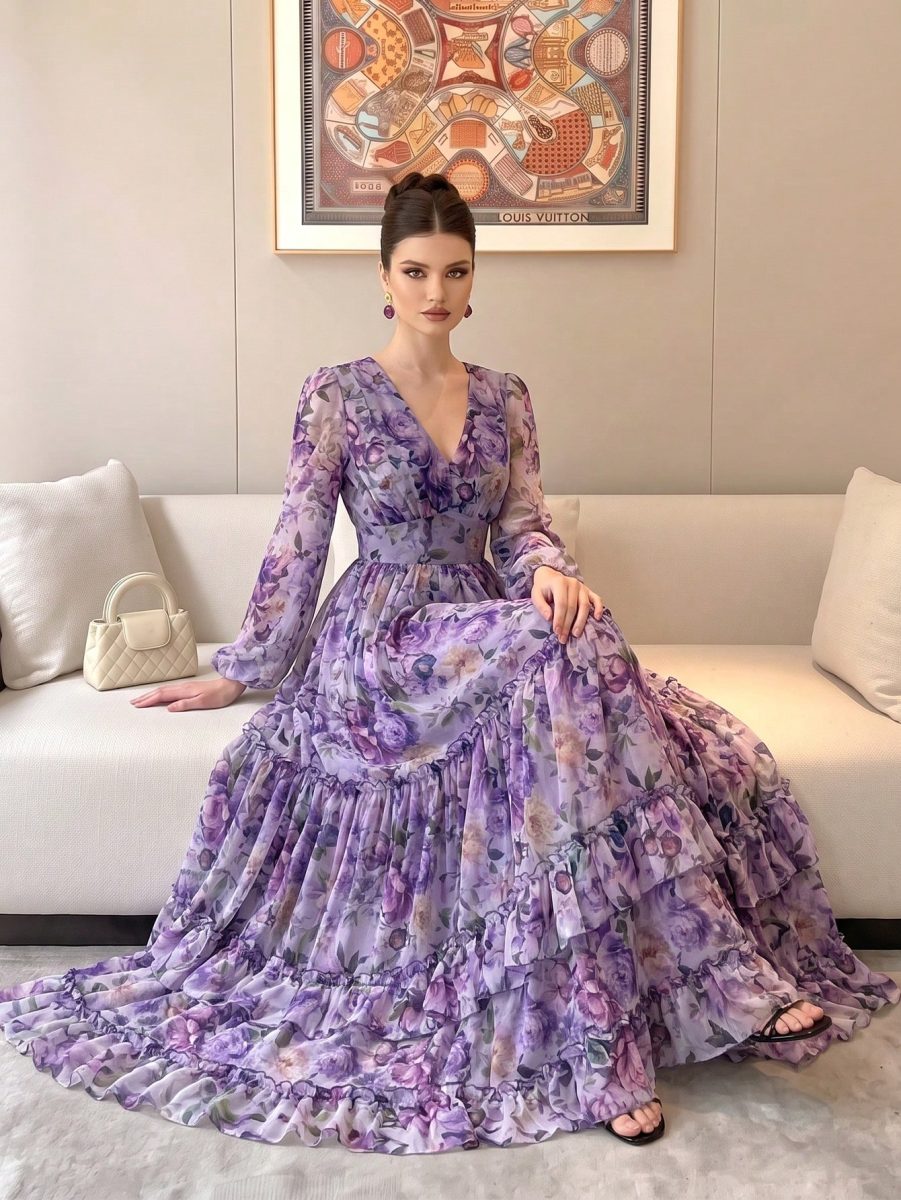 Women's Elegant Modern Printed Fashionable Luxury Flared Dress Vacation Summer 2 Women's Elegant Modern Printed Fashionable Luxury Flared Dress Vacation Summer - Purple
