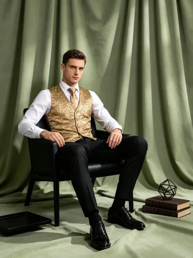 Men's V-Neck Jacquard Pattern Cuff Vest Tuxedo Waistcoat