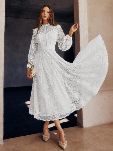 Simplee Women's Autumn New Solid Color Lace Full Skirt Long Sleeve Dress, Elegant Evening Gown, Party Dress, Birthday Dress, Wedding Guest Dress, Graduation Dress, Please Refer To Size Information For Purchase