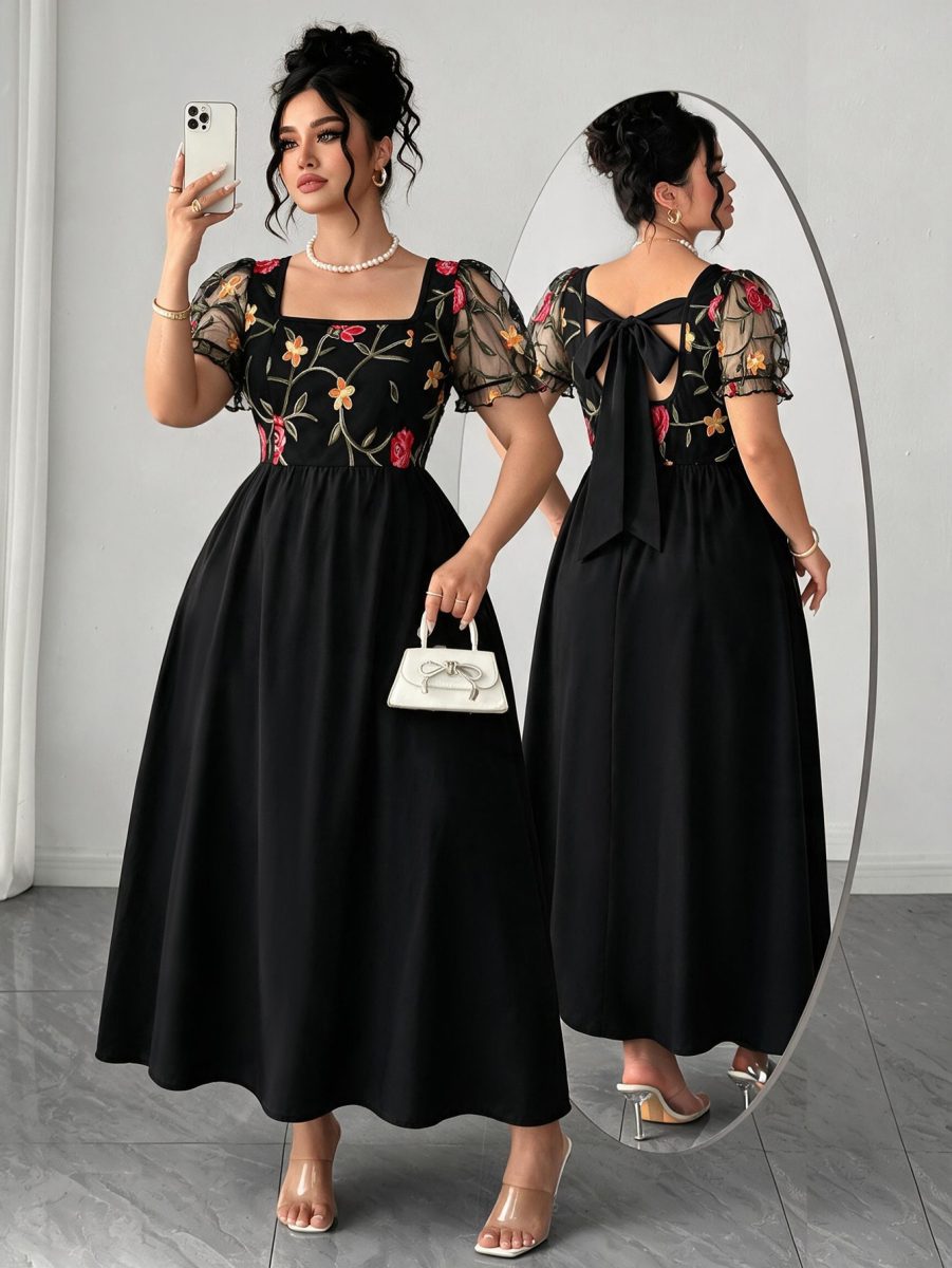 Elenzga Plus Size Women's Elegant Vintage Polka Dot Tie-Up Butterfly Collar Short Sleeve Dress, Spring/Summer 3 Elenzga Plus Size Women's Elegant Vintage Polka Dot Tie-Up Butterfly Collar Short Sleeve Dress, Spring/Summer - Black