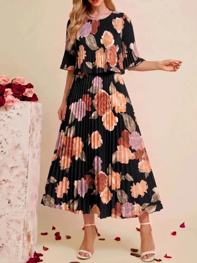 Amorya Women's Elegant Party Date Holiday Floral Print Pleated Dress Black Floral Summer - Color 2