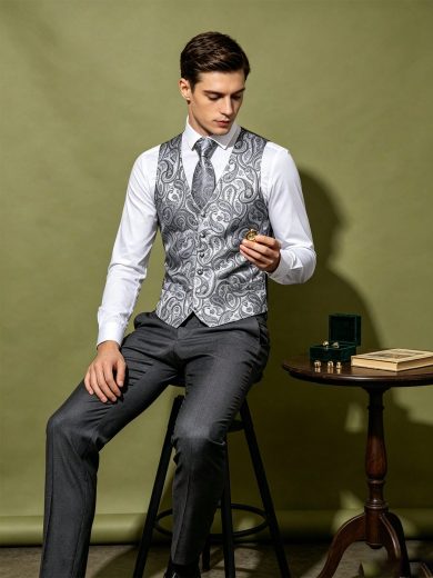 4pcs Men's Jacquard Tuxedo Vest, Tie, Cufflinks, Handkerchief Set Shirt Not Included