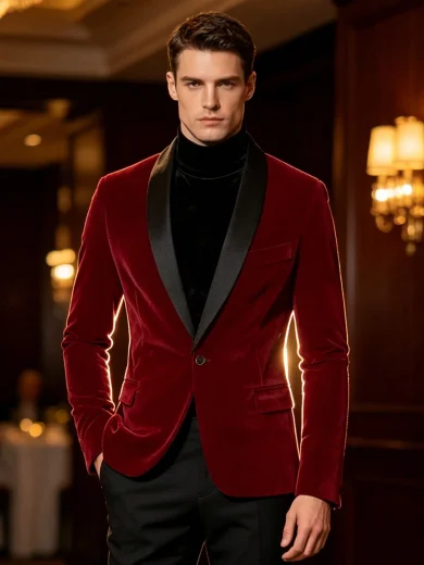 Men's Pink Velvet Blazer, Satin Shawl Collar Single-Button Suit Jacket, Suitable For Formal Party/Wedding/Groom Tuxedo - Red