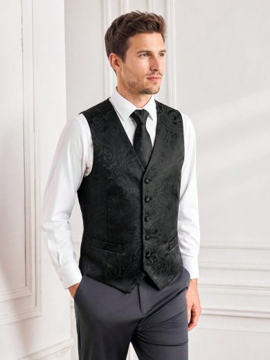 Officeau Men's Black Paisley Pattern Vest & Tie Set, Wedding Tuxedo Waistcoat Jacket, Formal Casual Groom Style