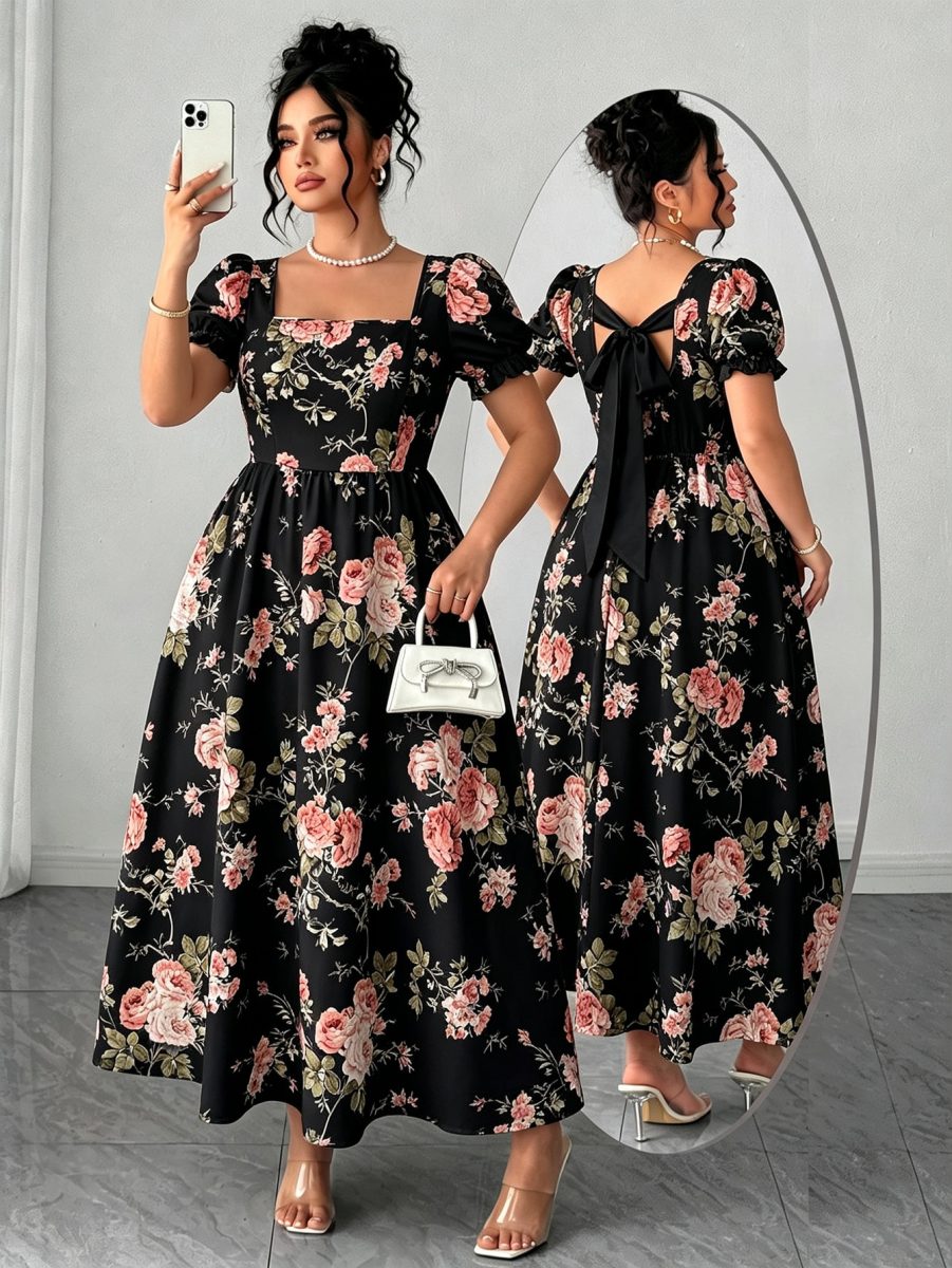 Elenzga Plus Size Women's Elegant Vintage Polka Dot Tie-Up Butterfly Collar Short Sleeve Dress, Spring/Summer 10 Elenzga Plus Size Women's Elegant Vintage Polka Dot Tie-Up Butterfly Collar Short Sleeve Dress, Spring/Summer - Multicolor