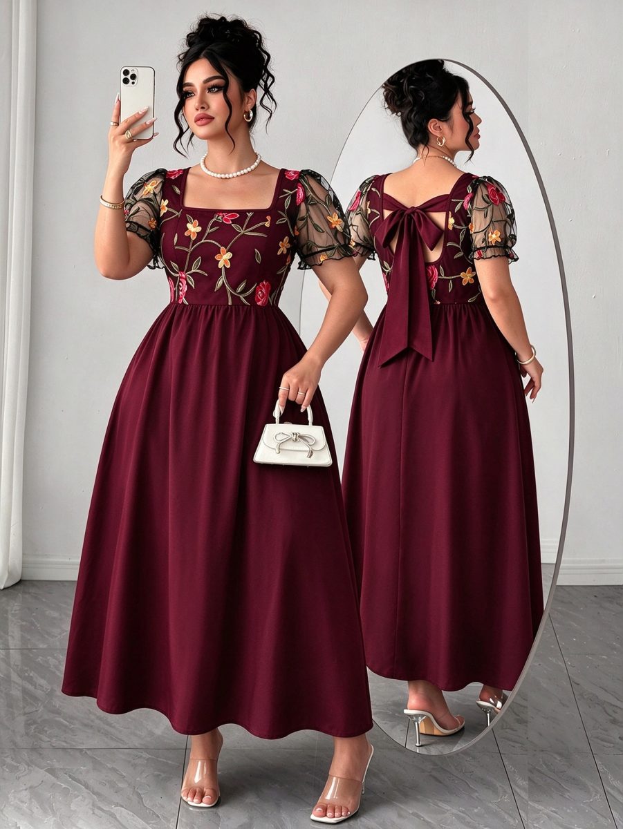 Elenzga Plus Size Women's Elegant Vintage Polka Dot Tie-Up Butterfly Collar Short Sleeve Dress, Spring/Summer 6 Elenzga Plus Size Women's Elegant Vintage Polka Dot Tie-Up Butterfly Collar Short Sleeve Dress, Spring/Summer - Burgundy