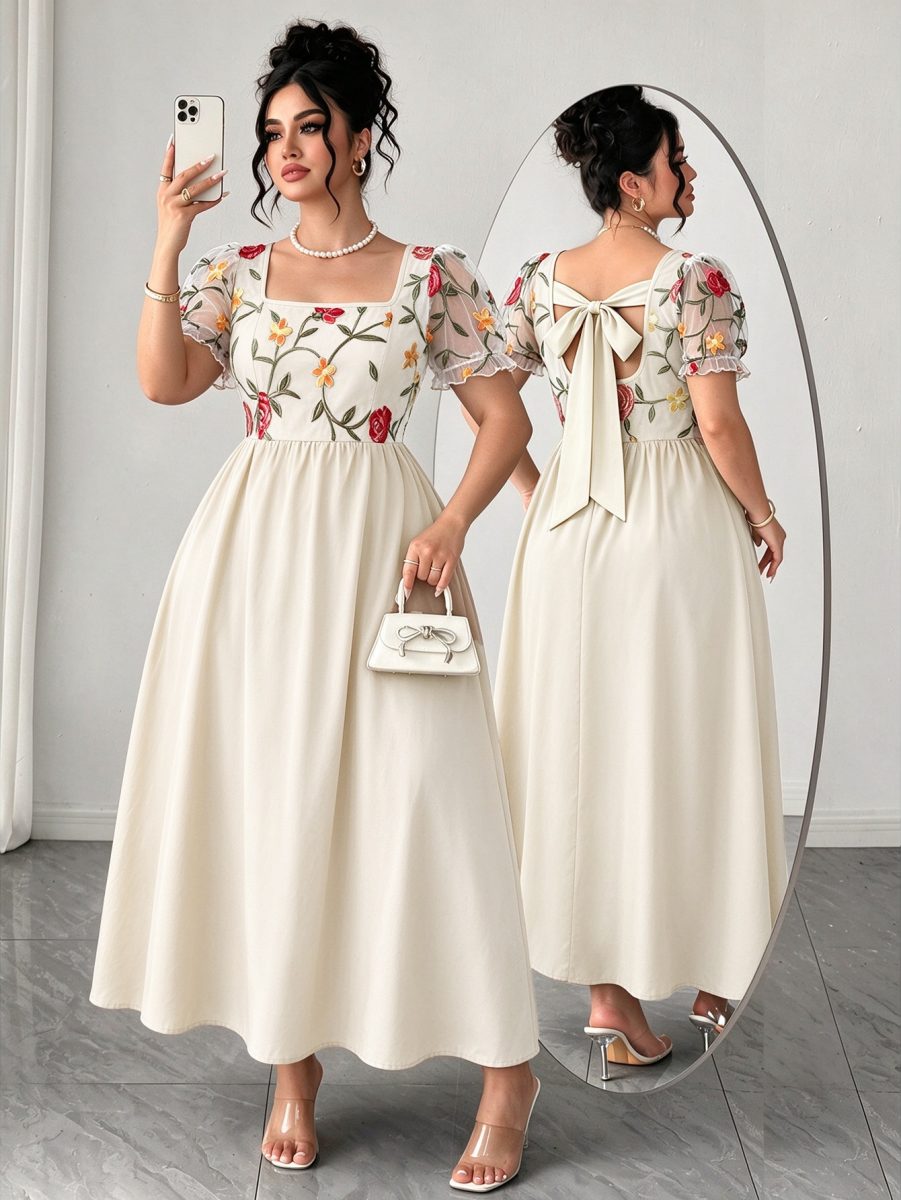 Elenzga Plus Size Women's Elegant Vintage Polka Dot Tie-Up Butterfly Collar Short Sleeve Dress, Spring/Summer 2 Elenzga Plus Size Women's Elegant Vintage Polka Dot Tie-Up Butterfly Collar Short Sleeve Dress, Spring/Summer - Apricot