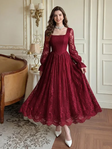 Vintamour Vintage French Romantic Elegant Women's Dress Autumn/Winter Lace Patchwork Jacquard Wedding Dinner Formal Gown Ruffle White Elegant Long Party Dress
