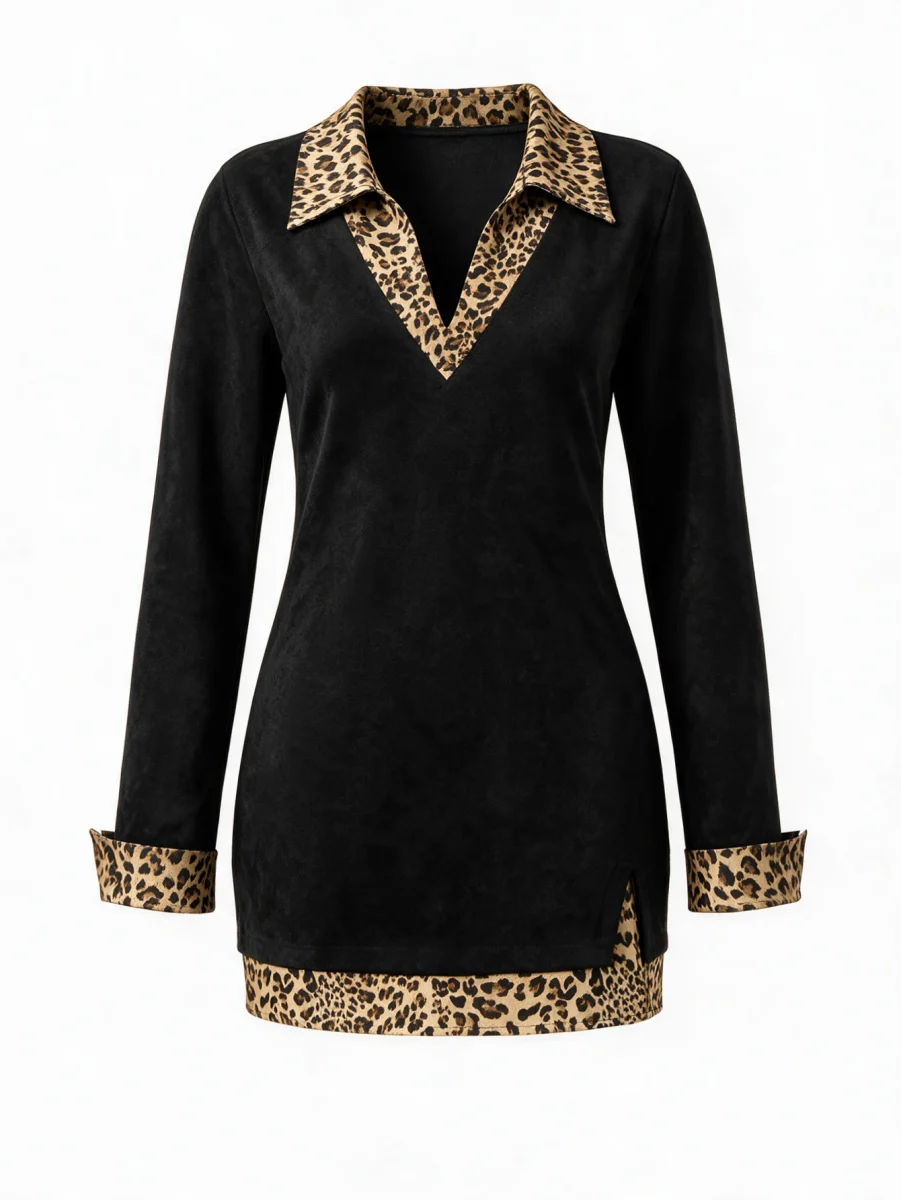 Linhara CURVE Plus Size Women's Suede Shirt Dress/Leopard Print Contrast Collar & Cuffs/Long Sleeve Split Hem Vintage Autumn/Winter Casual Dress 7 Linhara CURVE Plus Size Women's Suede Shirt Dress/Leopard Print Contrast Collar & Cuffs/Long Sleeve Split Hem Vintage Autumn/Winter Casual Dress