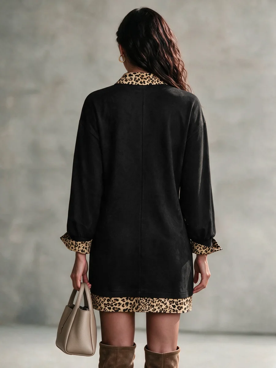 Linhara CURVE Plus Size Women's Suede Shirt Dress/Leopard Print Contrast Collar & Cuffs/Long Sleeve Split Hem Vintage Autumn/Winter Casual Dress 3 Linhara CURVE Plus Size Women's Suede Shirt Dress/Leopard Print Contrast Collar & Cuffs/Long Sleeve Split Hem Vintage Autumn/Winter Casual Dress