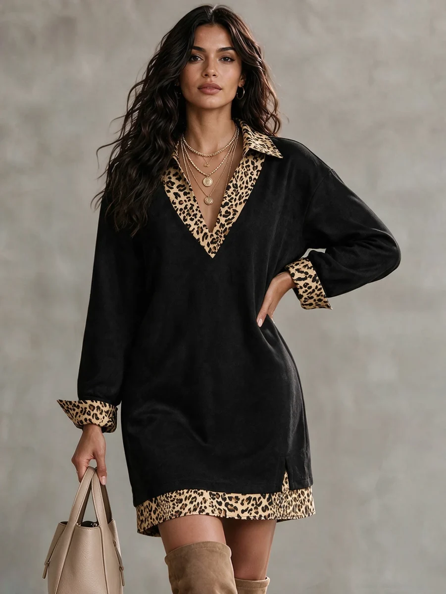 Linhara CURVE Plus Size Women's Suede Shirt Dress/Leopard Print Contrast Collar & Cuffs/Long Sleeve Split Hem Vintage Autumn/Winter Casual Dress 4 Linhara CURVE Plus Size Women's Suede Shirt Dress/Leopard Print Contrast Collar & Cuffs/Long Sleeve Split Hem Vintage Autumn/Winter Casual Dress