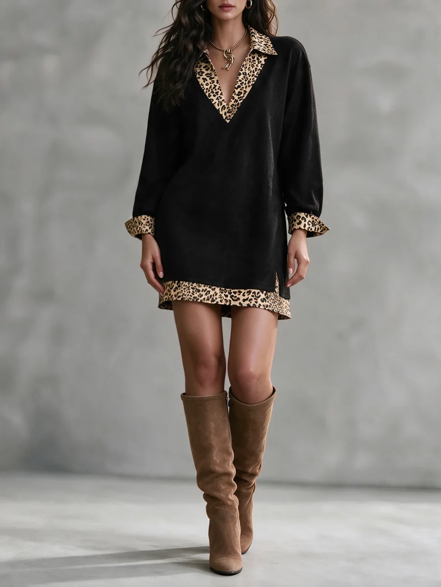 Linhara CURVE Plus Size Women's Suede Shirt Dress/Leopard Print Contrast Collar & Cuffs/Long Sleeve Split Hem Vintage Autumn/Winter Casual Dress 5 Linhara CURVE Plus Size Women's Suede Shirt Dress/Leopard Print Contrast Collar & Cuffs/Long Sleeve Split Hem Vintage Autumn/Winter Casual Dress