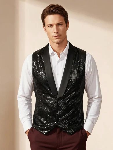Officeau Men's Black Sequin Waistcoat, Glamorous Tuxedo For Party/Stage/Performance, Gift For Father/Husband
