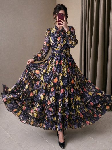 Women's New Elegant Fashion Floral Print Multi-Layer Pleated Patchwork Design Lightweight Luxury Cinched Cinched Waist Flared Dress