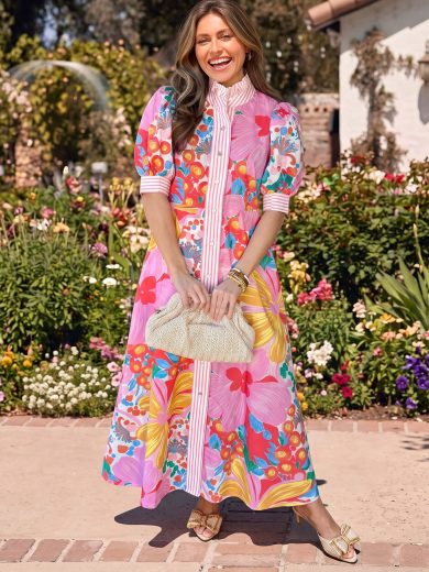 Acelitt Colorful Floral Print Midi Shirt Dress, Women's Striped Trim Puff Sleeve A-Line Dress, Suitable For Vacation And Wedding Guest Elegant Summer Pink