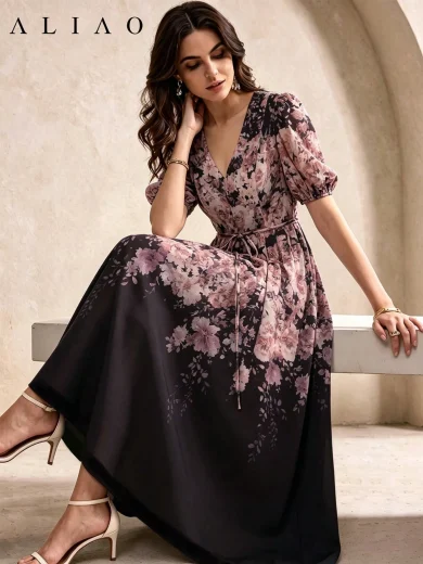 ALIAO Summer Floral Print Puff Sleeve Midi Dress V-Neck Tie Waist A-Line Chiffon Beach Wedding Guest Elegant Vacation