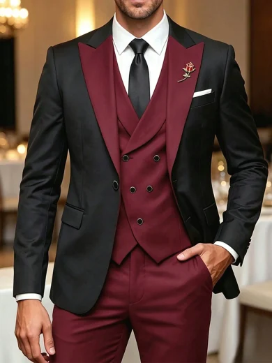 Men's 2 Pieces Suit Set, Colorblock Formal Tuxedo, Black & Burgundy Patchwork Suit With Pocket Square And Brooch, Groom Wedding Suit, Banquet Party Formal Wear, Business Suit 2 Pieces Set, Men's Formal Outfit