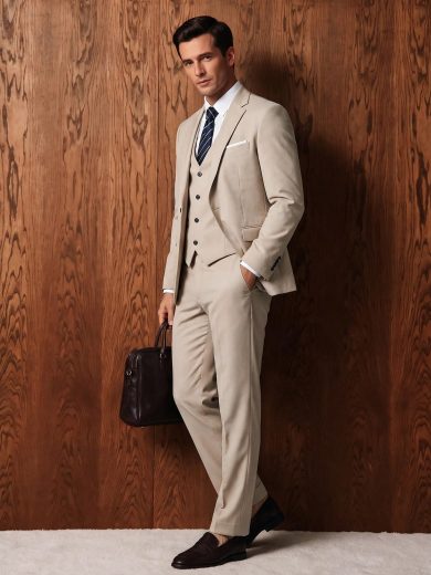 Men's Business Suit 3pcs Male Slim Fit Solid Color Groom's Wedding Dress Men's Luxury Office Tuxedo Casual Fashion Jackets Vest Trousers - Beige