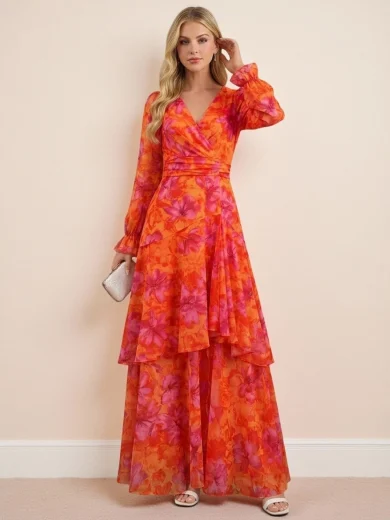 Amorya Fall Women Women's French Vacation Floral Print Pleated Flared Cuff Dress