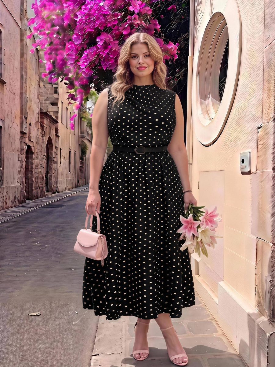 MOD Plus Size Brown Long Vintage Polka Dot Sleeveless Dress With Belt Elegant Commute Back-To-School ,Autumn Outfit,Formal Vacation Homecoming Fall 2 MOD Plus Size Brown Long Vintage Polka Dot Sleeveless Dress With Belt Elegant Commute Back-To-School ,Autumn Outfit,Formal Vacation Homecoming Fall - Black
