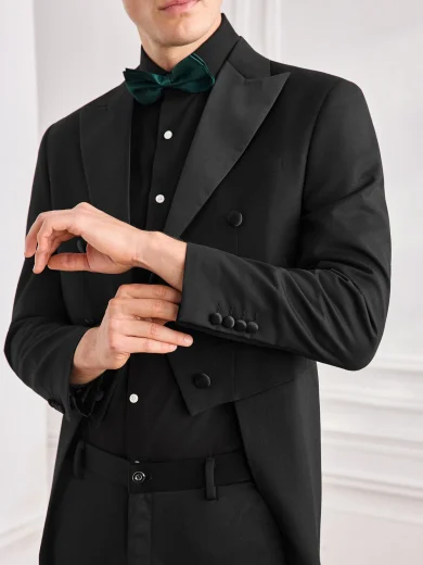 Officeau Men's Black Tuxedo Tailcoat With Peak Lapels, Long Tail Design For Weddings, Evening Wear & Performances - Black