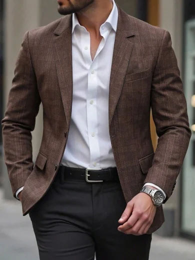 Manfinity Mode Men's Fall Tartan Jacquard Lapel Neck Single-Breasted Suit Blazer, Prom Tuxedo For Ceremony Business Prenup Shoot Formal Casual Streetwear Wedding