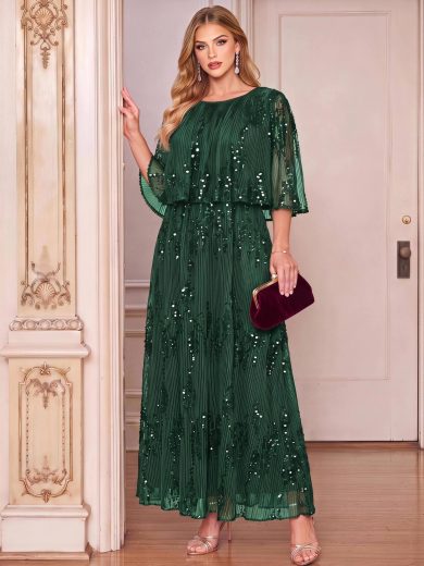 Amorya Women's Dark Brown Sequin Patchwork Elegant Mid-Length Dress,Autumn Dining Wedding Guest Party Dress,Luxury Formal Evening Prom Ceremony Gown Outfit