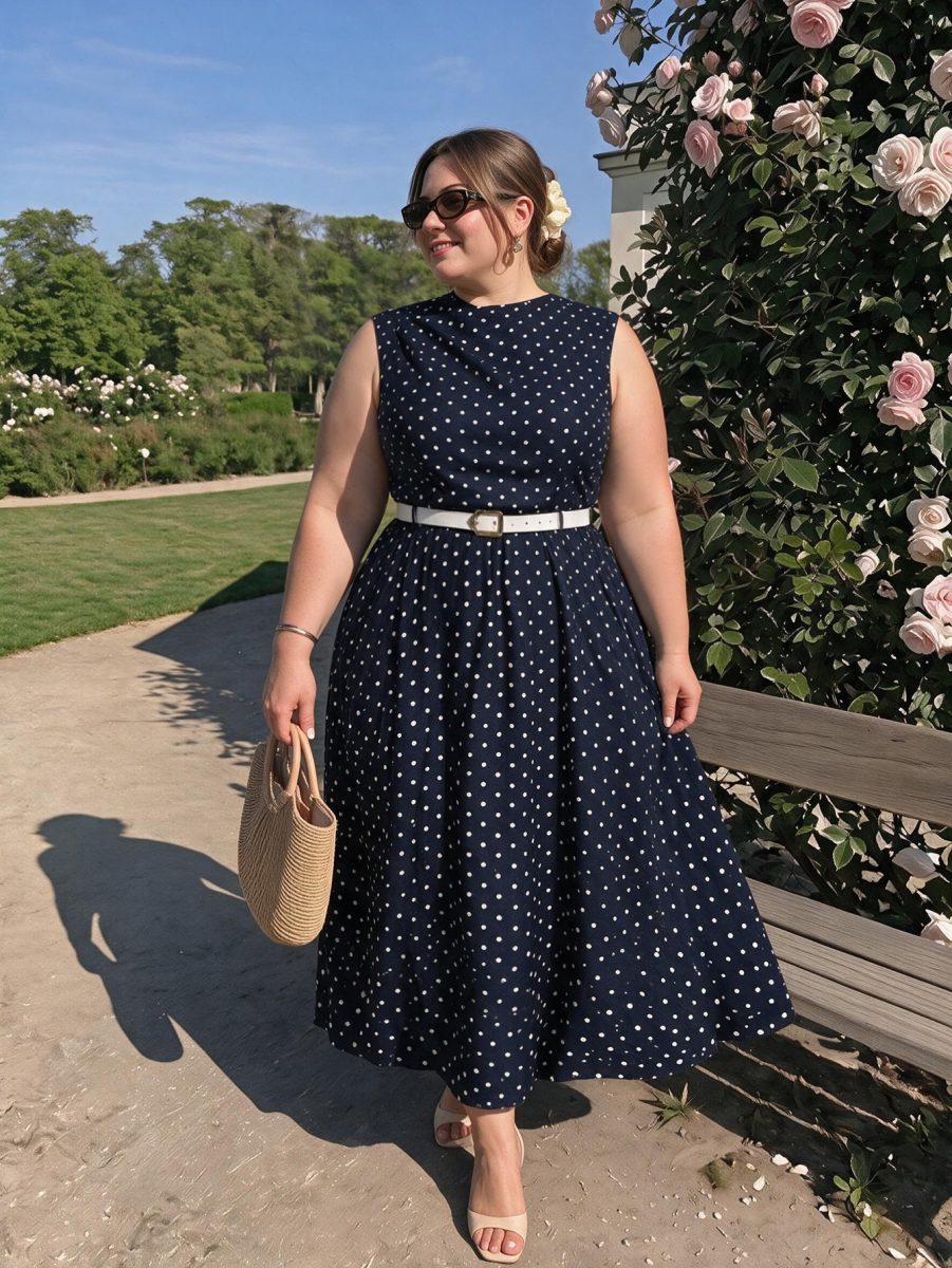 MOD Plus Size Brown Long Vintage Polka Dot Sleeveless Dress With Belt Elegant Commute Back-To-School ,Autumn Outfit,Formal Vacation Homecoming Fall 5 MOD Plus Size Brown Long Vintage Polka Dot Sleeveless Dress With Belt Elegant Commute Back-To-School ,Autumn Outfit,Formal Vacation Homecoming Fall - Navy Blue