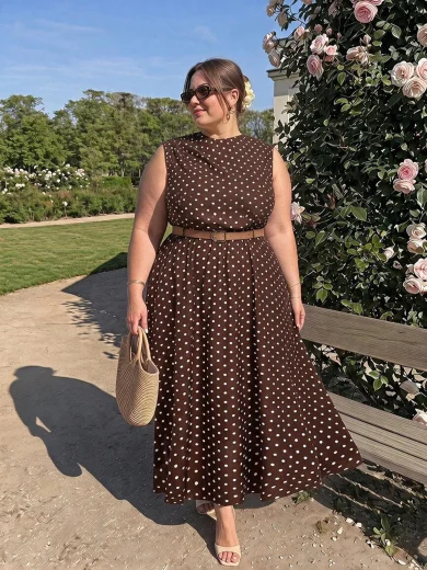 MOD Plus Size Brown Long Vintage Polka Dot Sleeveless Dress With Belt Elegant Commute Back-To-School ,Autumn Outfit,Formal Vacation Homecoming Fall