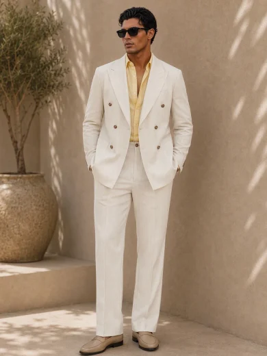 SIGLOCORE Men's Beige Linen Double Breasted Suit,Summer Elegant Wedding Guest 2 Piece Set,Slim Fit Mandarin Collar Jacket&Pants,Italian Style Beach Tuxedo