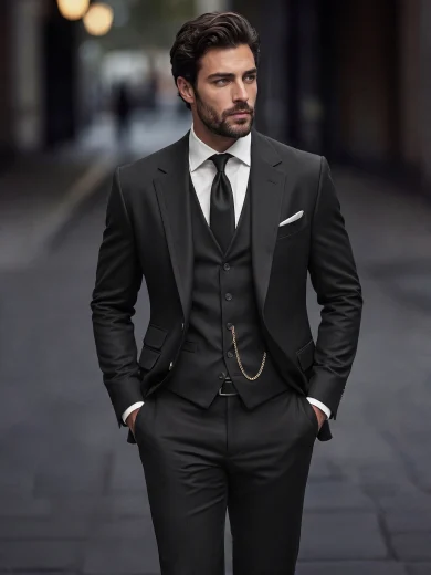 Manfinity Mode Men's British Style Elegant Formal Black Suit Set,Autumn Tuxedo 2 Pieces Blazer And Pants,Lapel Business Casual For Wedding,Prom Night & Ceremony