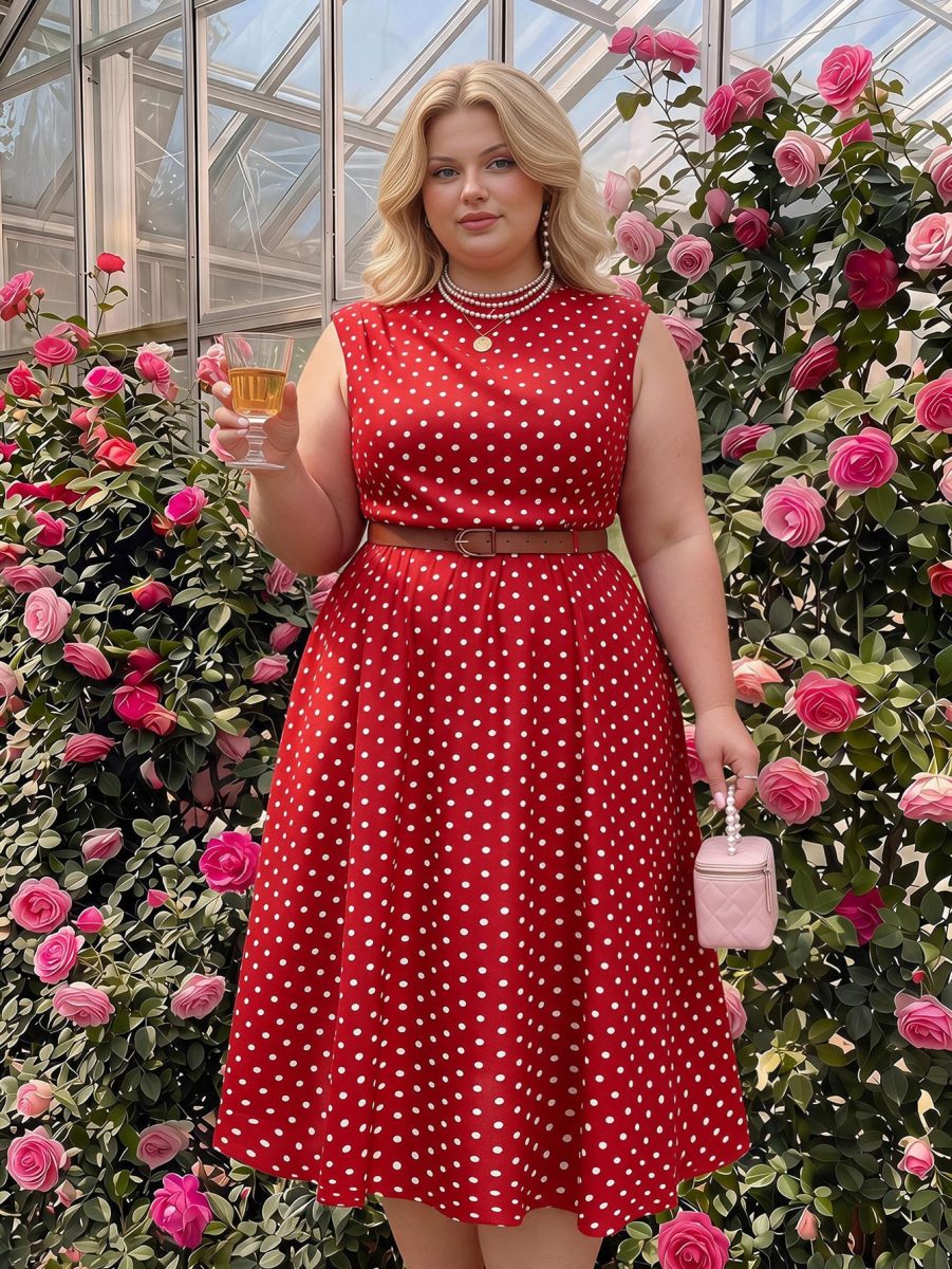 MOD Plus Size Brown Long Vintage Polka Dot Sleeveless Dress With Belt Elegant Commute Back-To-School ,Autumn Outfit,Formal Vacation Homecoming Fall 3 MOD Plus Size Brown Long Vintage Polka Dot Sleeveless Dress With Belt Elegant Commute Back-To-School ,Autumn Outfit,Formal Vacation Homecoming Fall - Red