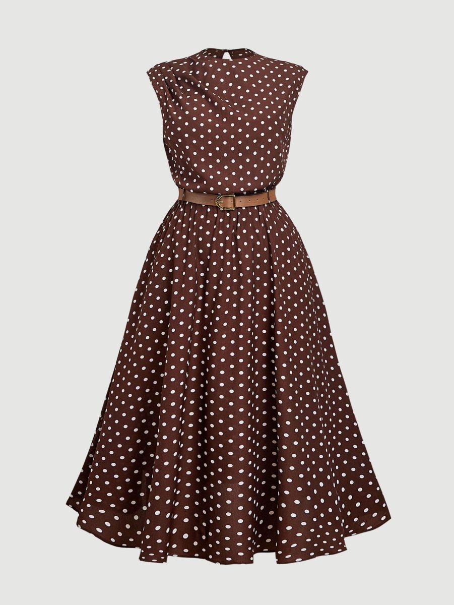 MOD Plus Size Brown Long Vintage Polka Dot Sleeveless Dress With Belt Elegant Commute Back-To-School ,Autumn Outfit,Formal Vacation Homecoming Fall 6 MOD Plus Size Brown Long Vintage Polka Dot Sleeveless Dress With Belt Elegant Commute Back-To-School ,Autumn Outfit,Formal Vacation Homecoming Fall