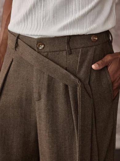 Vientiro Men's Party Woven Fashion Casual Loose Fit Elastic Waist Belt Barrel Leg Curved Hem Pants, Suitable For Summer, Vacation, Daily Wear, Party, Men's Gift, Slim Fit, Tuxedo, Vintage Loose Suit Pants, Suit Trousers, Business Casual Trousers