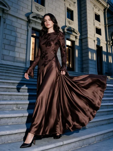 Anewsta Women Floral Textured Splice Round Neck Bell Sleeve Elegant Dress Dinner Date Brown Autumn