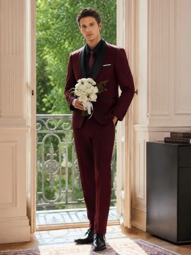 Officeau Men's 3 Pieces Burgundy Color-Block Suit Set With Shawl Collar Blazer & Waistcoat & Pants, Luxury Tuxedo For Wedding/Evening Wear/Prom
