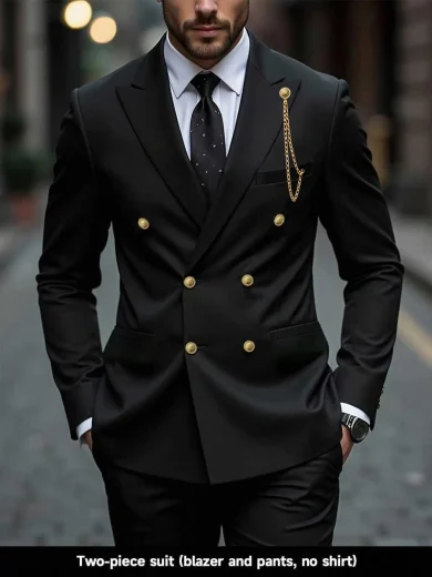 Calvornis 2 Pieces Men's Double-Breasted Blazer,Pants Formal Suit,Black,Gold,Summer,Autumn,Elegant,Evening Party,Banquet Tuxedo Set,Old Money Style,Ceremony