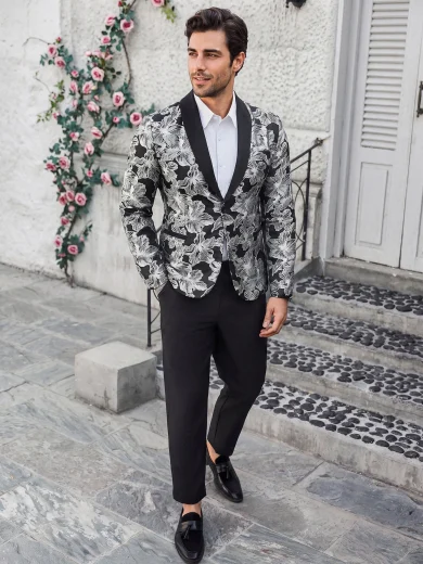 Calvornis Men's Black And Silver Floral Jacquard Suit Set,Elegant Evening Party Tuxedo,Summer Wedding Guest Two Pieces Outfits,Prom Suits Modern Old Money