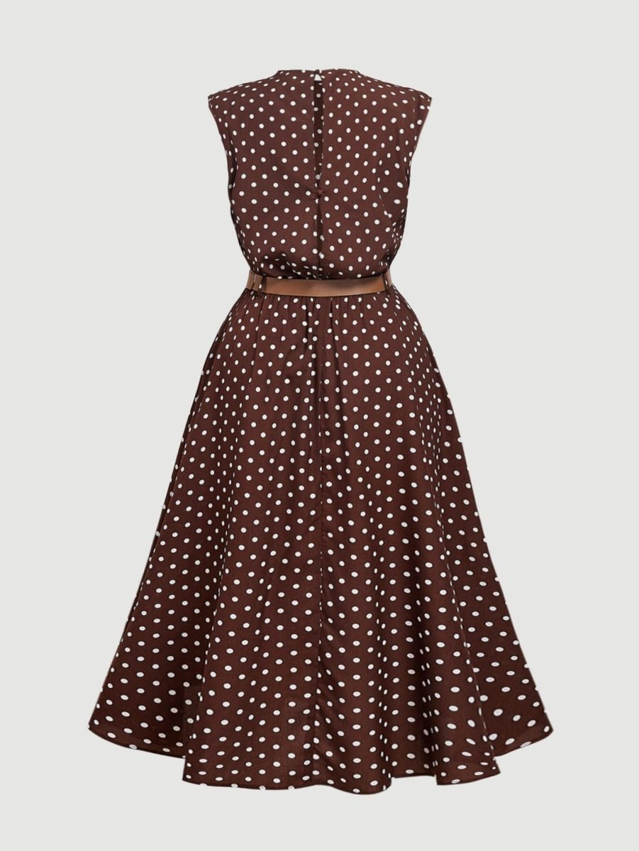 MOD Plus Size Brown Long Vintage Polka Dot Sleeveless Dress With Belt Elegant Commute Back-To-School ,Autumn Outfit,Formal Vacation Homecoming Fall 7 MOD Plus Size Brown Long Vintage Polka Dot Sleeveless Dress With Belt Elegant Commute Back-To-School ,Autumn Outfit,Formal Vacation Homecoming Fall