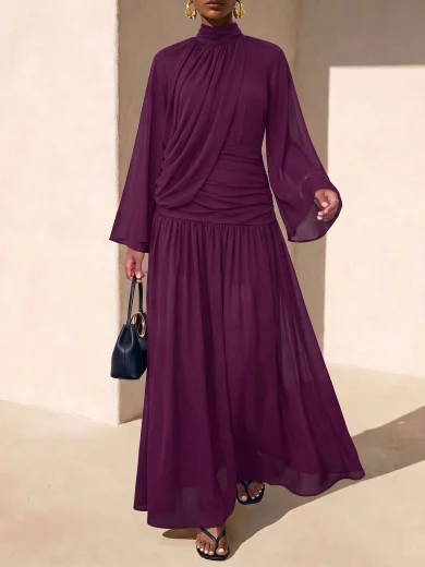 Zivah Early Autumn New Arrival Women's Purple Chiffon Long Dress With Small Stand Collar, Long Sleeves, Bell Sleeves, Pleated A-Line Skirt, Flowy Design, Suitable For Daily Wear, Casual, Vacation, Elegant Party, Holiday, Formal, Country Style, Commute, Of