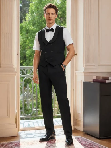 Officeau Men's Black Shawl Collar Double-Breasted Waistcoat, Tuxedo For Wedding/Evening Wear/Groom